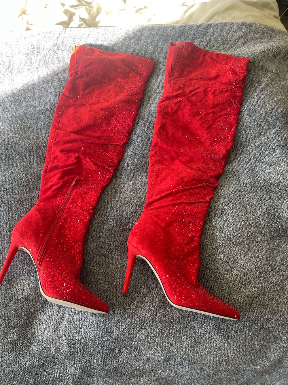 Red Knee-High Stiletto Boots with Crystal Accents